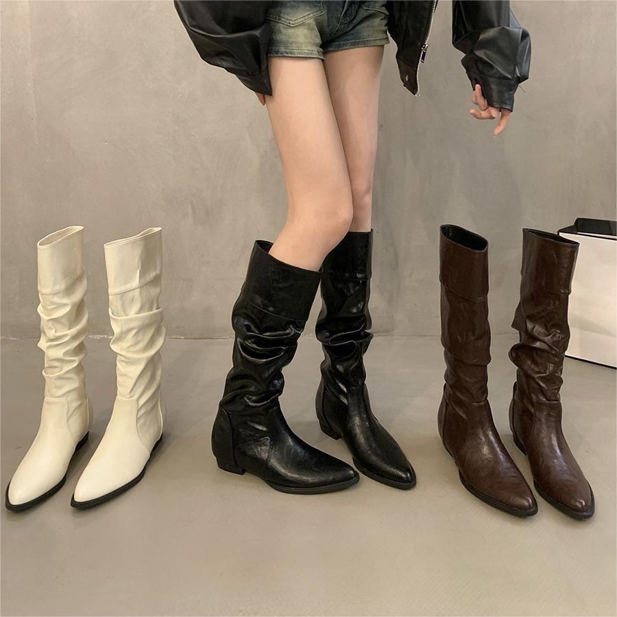 Off-white thick heel pointed pile boots long boots women's shoes 2025 new spring, autumn and winter medium tube thin knight boots