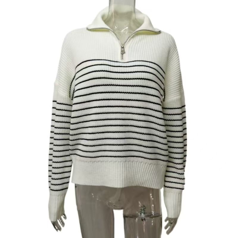 

Fashion Style New Arrival Stripes Lapel Half Zipper Knitting Sweater Half Zipper Knitted Sweater White S