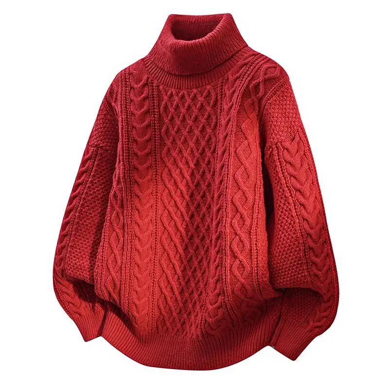 

Мужские повседневные свитеры с косами Осень-Зима 2025, однотонный свитер с высоким воротником, мужской трикотажный топ с высоким горлом, мужские флисовые пуловеры L красный