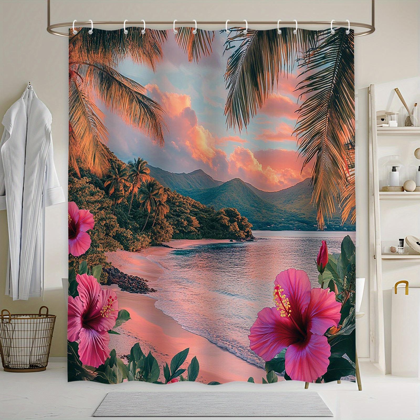 

1 Tropical Beach Sunset Shower Curtain with Pink Hibiscus Flowers and Turquoise Ocean - Serene Natural Beauty, Polyester Fabric 90X180cm