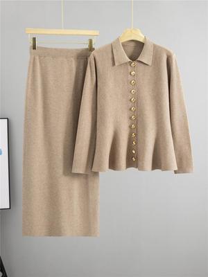 Women's Elegant POLO Collar Cardigan & Skirt Two-piece Set for Spring/Autumn
