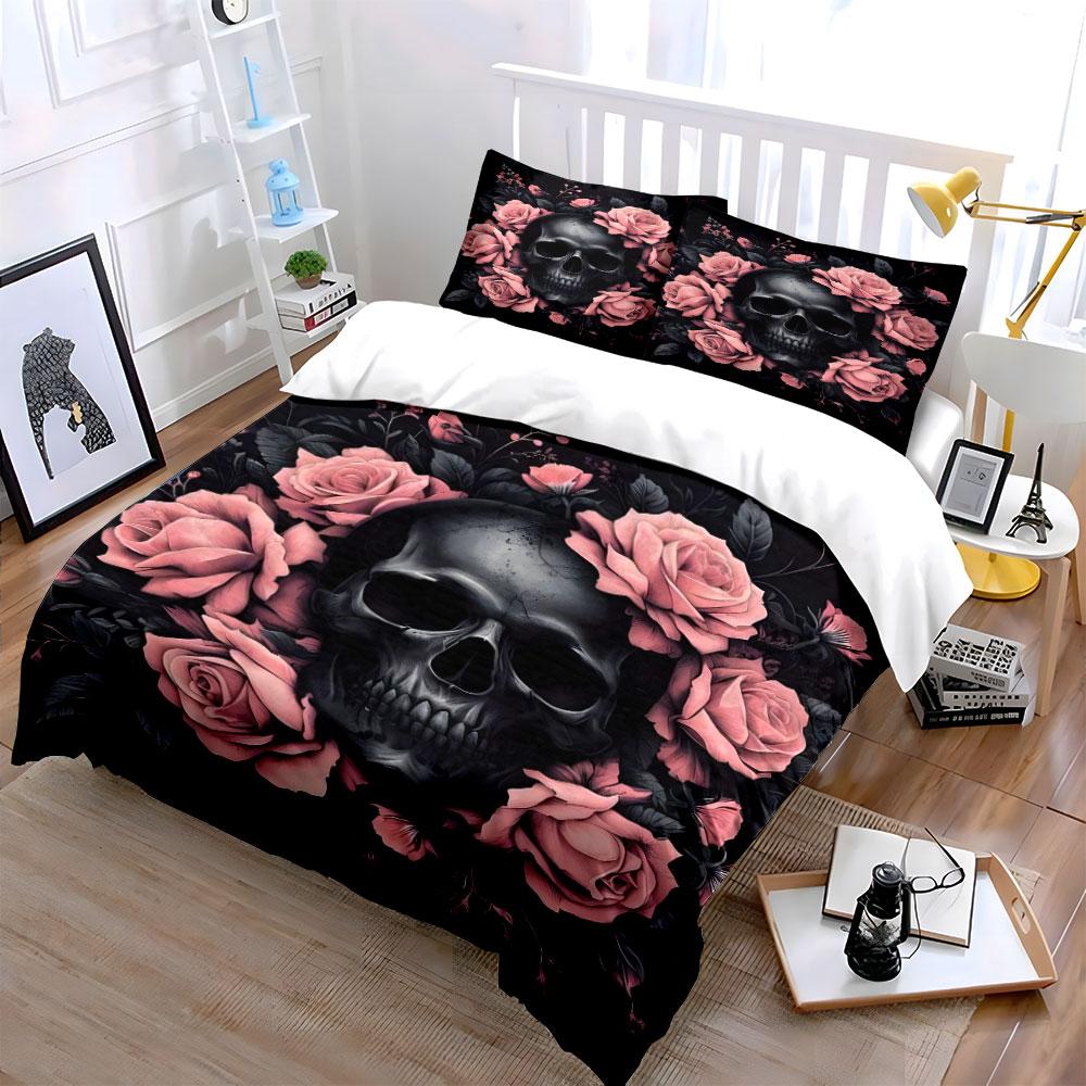 Skull and Pink Roses Design Bedding Duvet Cover Set (1*Duvet Cover 2*Pillowcases, Without Duvet Insert)