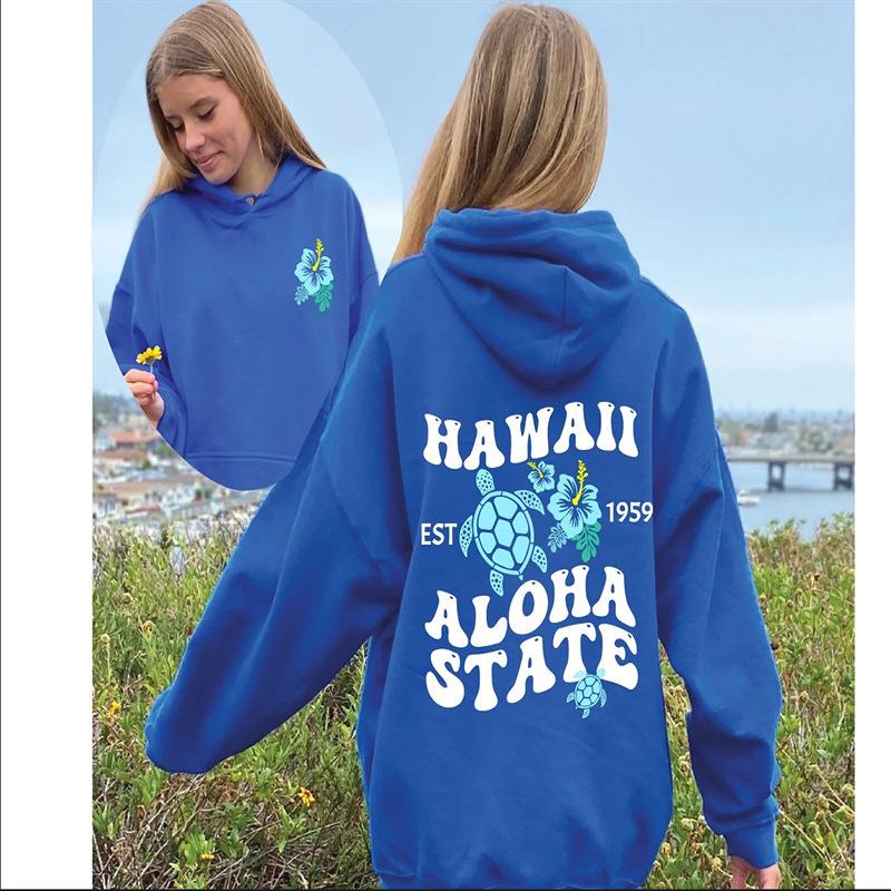 2025 Women's EU Size Ribbed Drop Shoulder Hoodie - Hawaiian Beach Print