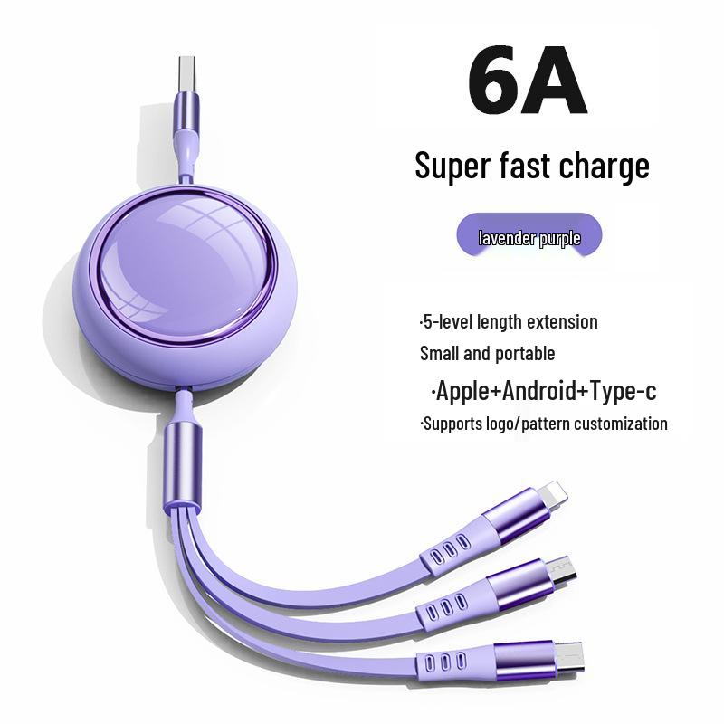 Three-in-One Retractable 6A Fast Charging Cable for Apple, Android, and Type-C Devices