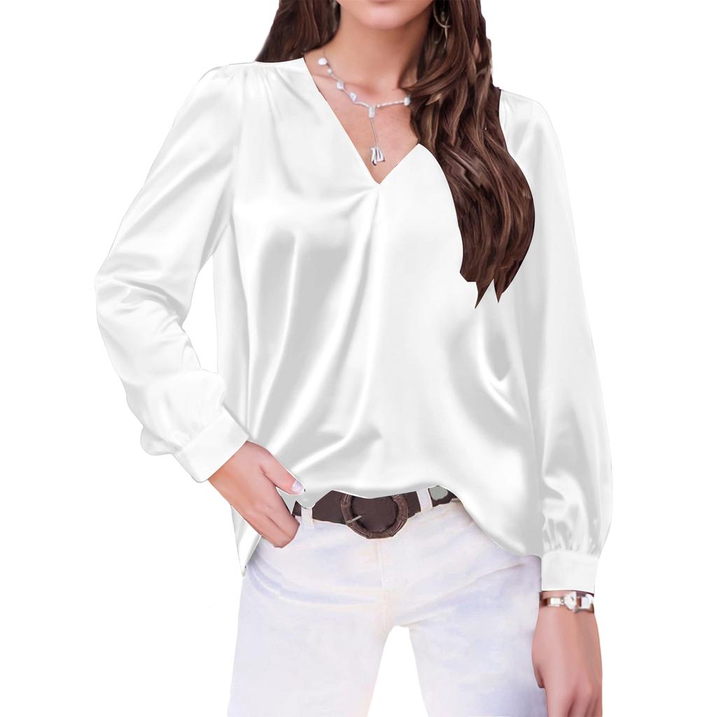 Women's V,Neck Casual Loose Satin Ruched Long Sleeve Work Blouse