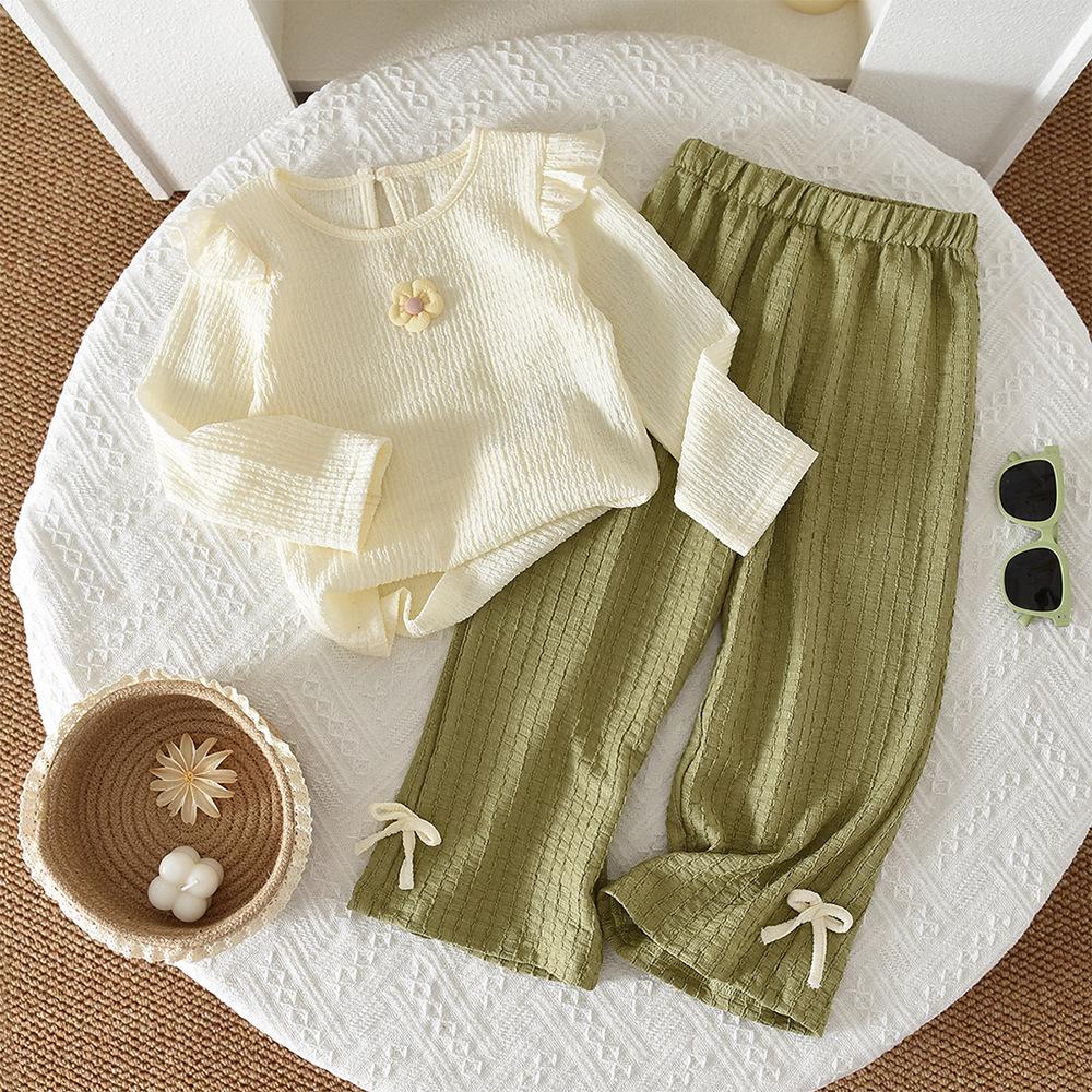 

European & American Floral Long-Sleeve Top and Bowknot Pants Set for Children - Autumn Collection with Free Shipping 6Y/130 зелений
