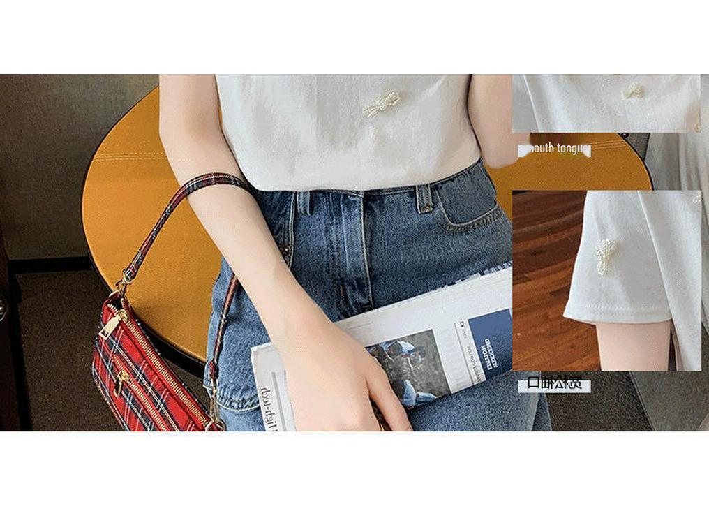 2025 Summer Women's French Fashion Beaded Bow Slim T-Shirt