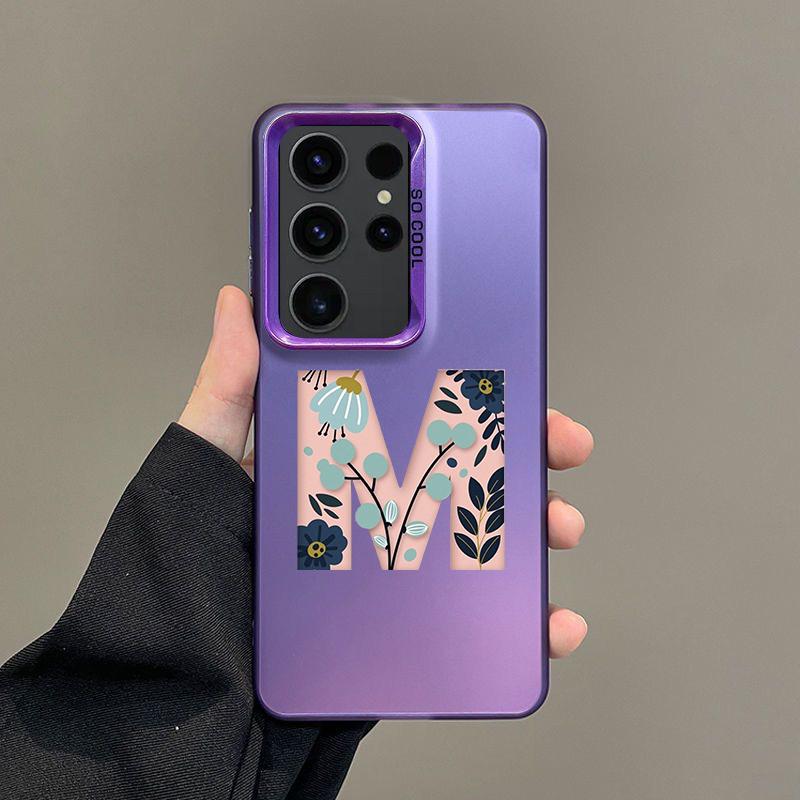Case For Samsung A56 A36 A26 A24 A16 A14 A12 A32 A50 A70 A22 A34 A54 A52 5G A06 4G Silver IMD Cover Art Initial Letter M Flowers