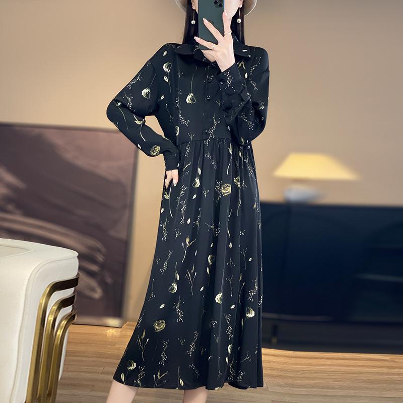 Květinové středně dlouhé šaty s dlouhým rukávem pro ženy, jaro a léto, nový polo límeček, temperamentní francouzský styl