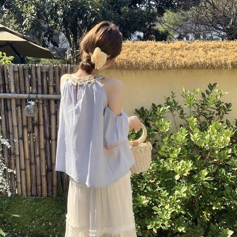 Beach Holiday Blue Blouse Women Off Shoulder Loose Top with Beads Round Neck