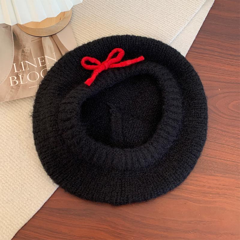 

Плюшевый берет с бантом, вязаный, женский, осенне-зимний, теплый, милый, сестринский, шерстяная шапка, подчеркивающая лицо, шапочка-бутон, тренд Adult average size чёрный