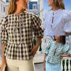 Volnočasová kostkovaná halenka s dutým dvojitým balónovým rukávem pro dámský top