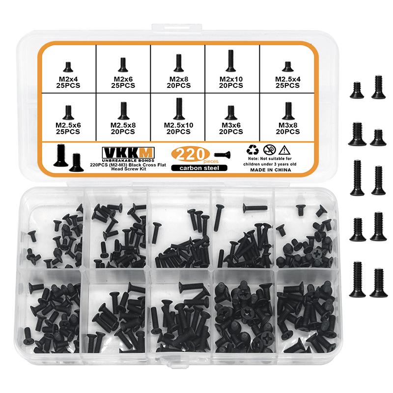 

220 шт. (М2-М3) набор черных винтов с крестообразным шлицем и плоской головкой, подходит для электротехнического обслуживания.