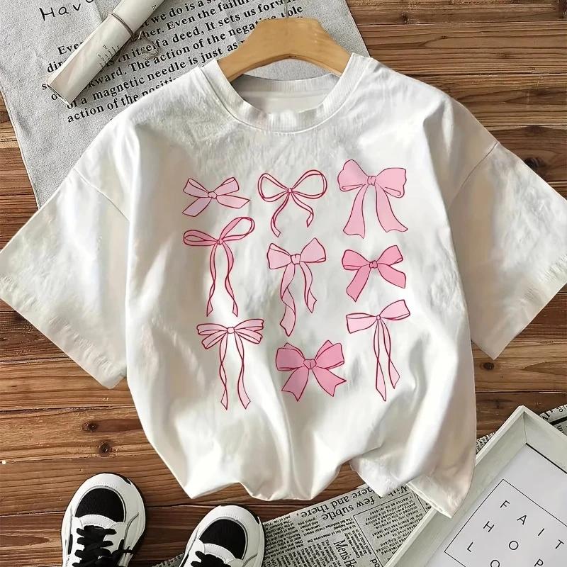 

Розовая футболка с принтом бантика Женская Летний стиль Повседневная футболка с принтом Бо Топ с коротким рукавом Футболка Кавайная одежда Женская Свободная одежда S