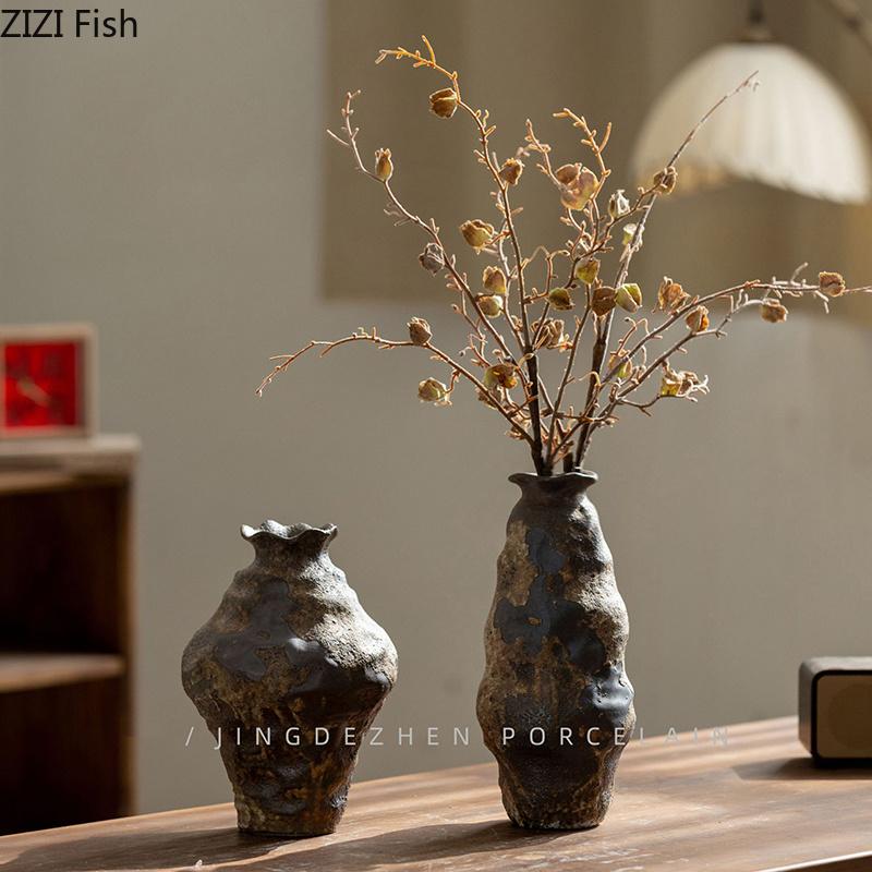 Mottled Coarse Ceramic Vase Vintage Handicrafts Plant Pot Table Decoration Flowers Arrangement Floral Vases Room Aesthetic Decor