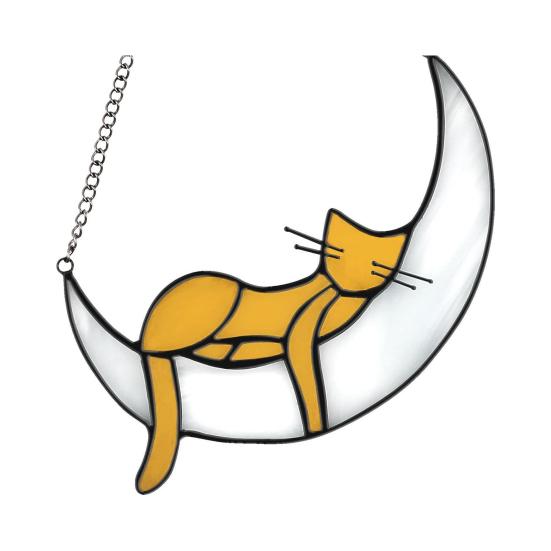 Cat On Moon Hanging Ornament Stained Glass Window Hanging Suncatcher Acrylic Panel Wall Art Memorial Gift for Women Wife Mom Cat Lovers