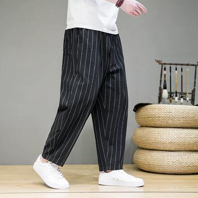 Trendy Striped Casual Pants for Men Loose Cotton Linen Pants Chinese Style Wide Legged Sweatpants Full Length Pant Trousers