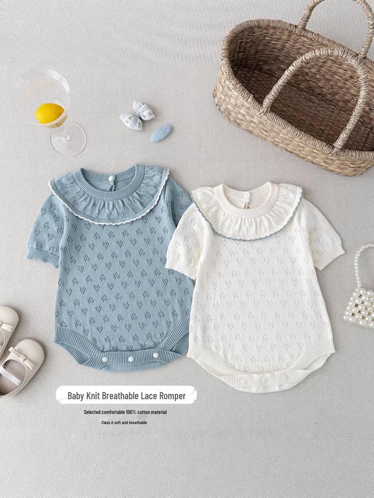 Infant Girl Cotton Knit Ruffle Collar Romper, Short Sleeve Summer Style
