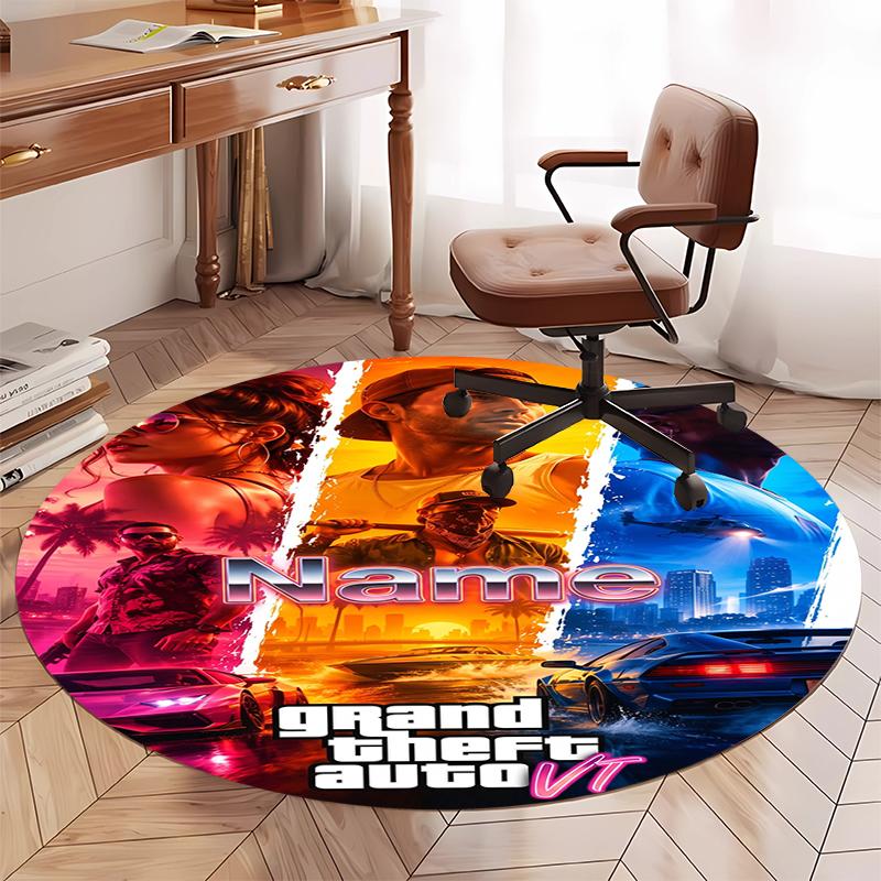 Custom Name GTA 6 Printed Round Rug Carpet Chair Rug Area Rug Entryway Doormats,for Office Chair Living Room Bedroom Kitchen Room.
