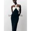 Summer New Product Women's Clothes Minimalist Style Contrast Color Bowknot Decoration Elastic Halterneck Midi Skirt Dress 5584121