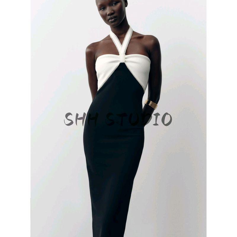 Summer New Product Women's Clothes Minimalist Style Contrast Color Bowknot Decoration Elastic Halterneck Midi Skirt Dress 5584121