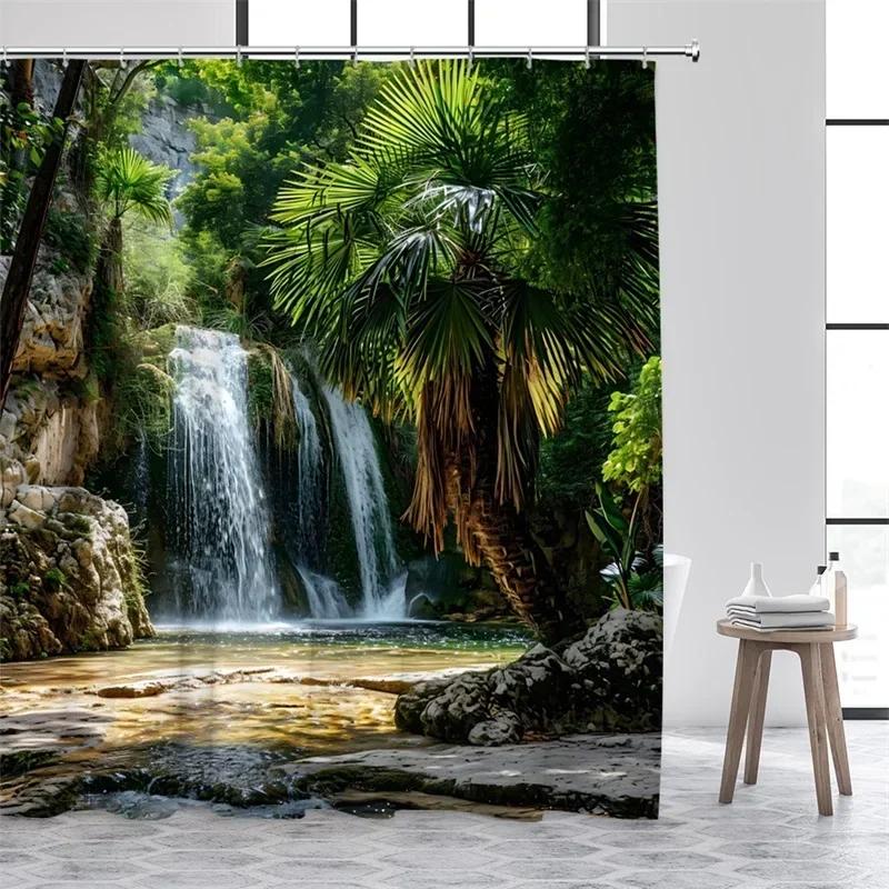300x180CM Landscape Shower Curtains Green Plants Palm Tree Waterfall Forest Nature Scenery Home Bathroom Curtain Decor Set