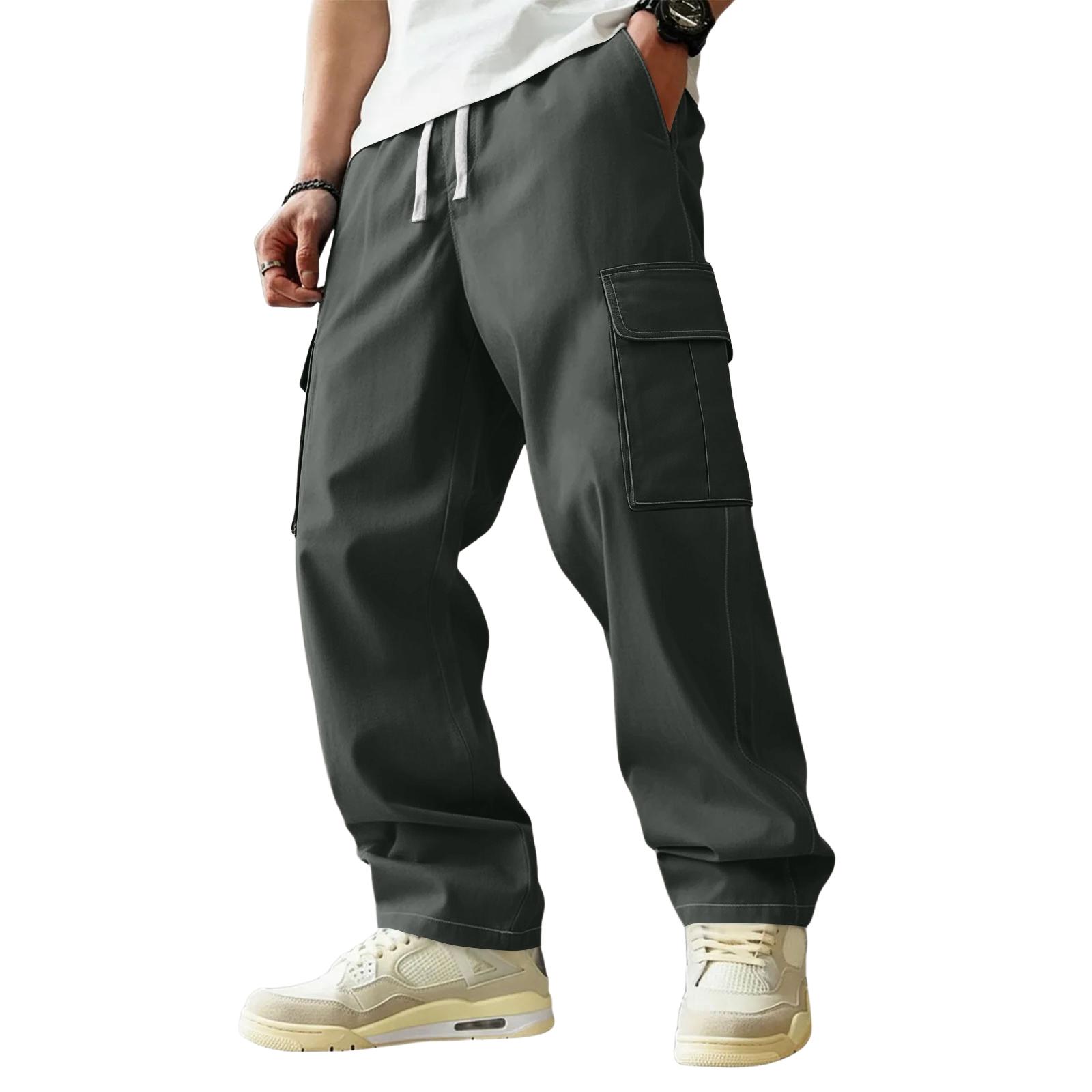 Men s Casual Stretch Waist Drawstring Workwear Multi-Pocket Straight-Leg Pants чёрный