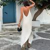 Womens Sleeveless Backless Layered Cami Dress A-Line Long Skirt Pure Color U-Neck Midi To Maxi