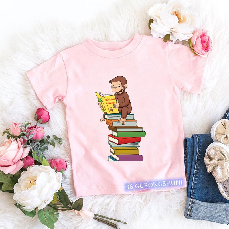 T-shirt Kawaii per bambine Stampa cartone animato Scimmietta Curious George Abbigliamento per bambini T-shirt estive T-shirt per bambine Top rosa a maniche corte