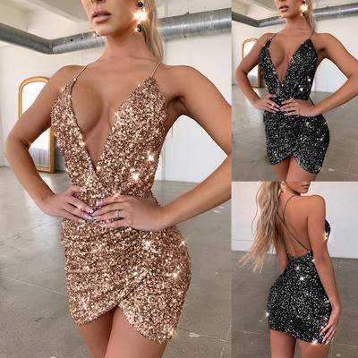 Damenmode Einfarbiges Pailletten V-Ausschnitt Trägerkleid Überkreuzter Saum Rückenfreies Kleid