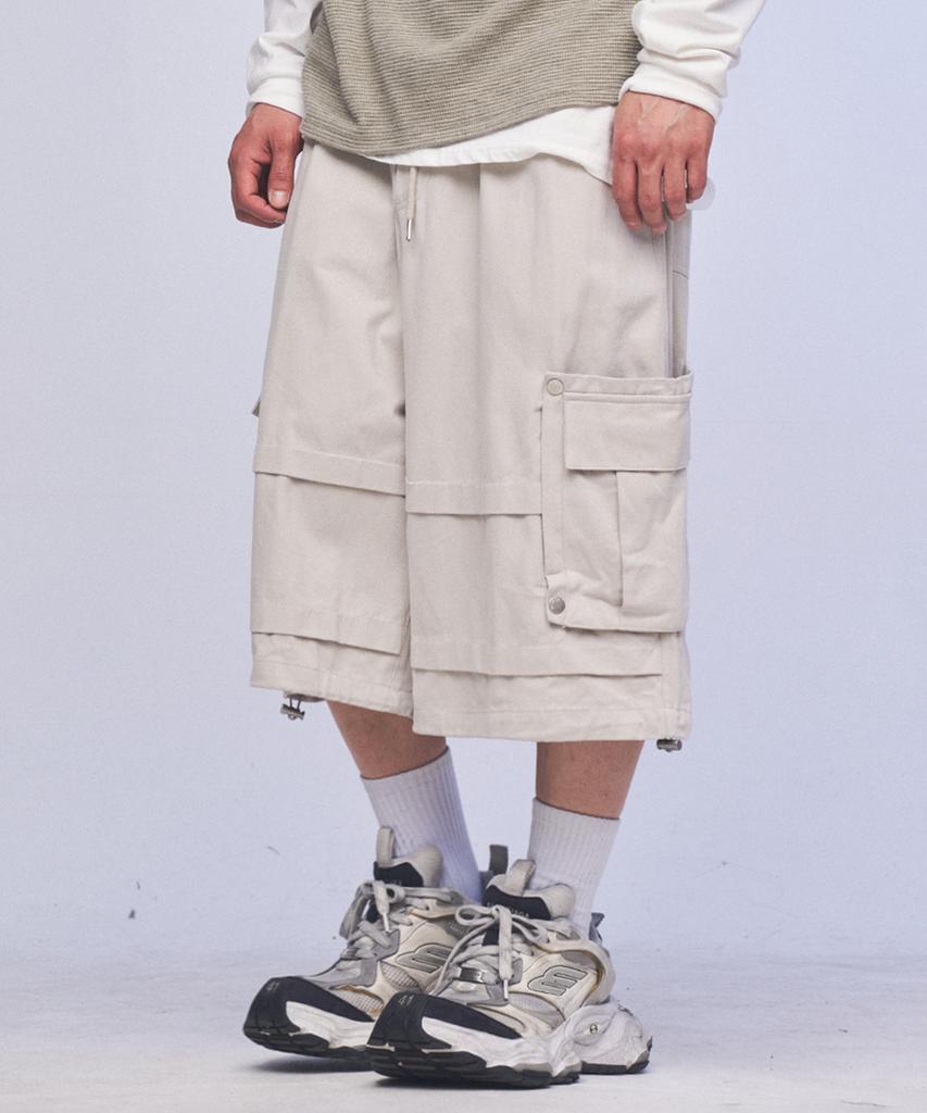 SOMEPLACE MAN Bermuda Doppel-Großtaschen Nieten-Akzente Oversize Halbe Cargohose Elastische Hosen_3 Farben