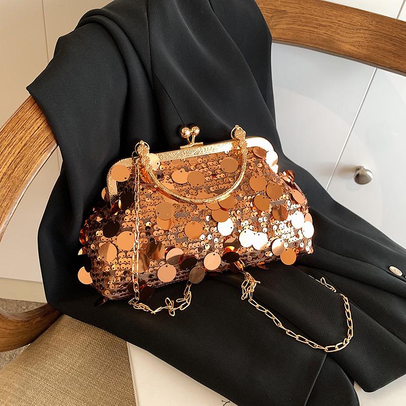 

Сумка с пайетками 2025 новая женская сумка универсальная цепочка сумка-мессенджер на плечо сумка-ракушка золотой