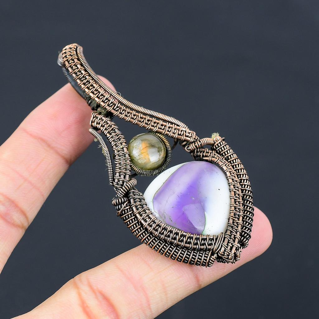 Natural Sage Amethyst, Labradorite Gemstone Copper Wire Wrap Pendant 3.15" K3O09