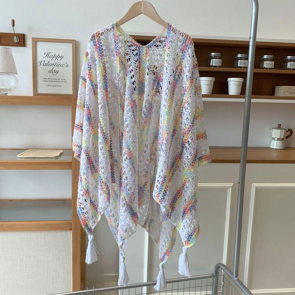 Colorful Ethnic Style Tassel Shawl Thin Beach Scarf Vintage Sunscreen Crochet Cardigan  Outdoor