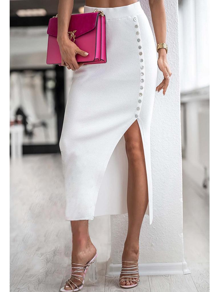 Elegant Ribbed Knit Slit Midi Skirt for Women - Summer Style