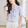 Bowtie Blouse for Long Short Loose Everyday Summer Short Sleeve [billevan] Women, Shirt, Sleeve, Sleeve, Chiffon, Ribbon, Bowtie, Refreshing, Top,