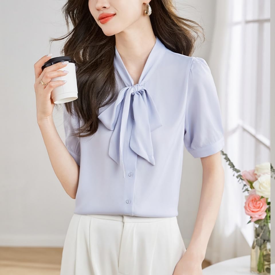 Bowtie Blouse for Long Short Loose Everyday Summer Short Sleeve [billevan] Women, Shirt, Sleeve, Sleeve, Chiffon, Ribbon, Bowtie, Refreshing, Top,