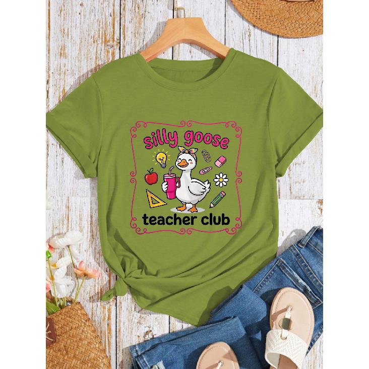 High-quality, simple, elegant, and stylish women s clothing T Shirt Cartoon duck print silly goose teacher Text Teacher-themed funny elements Pink S армия зеленый
