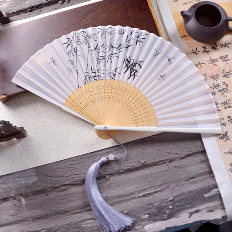Ancient Chinese Style Small Dance Fan Summer Portable Hanfu Cheongsam Hand Held Fan Green Bamboo Ribs Single-Sided Folding Fan
