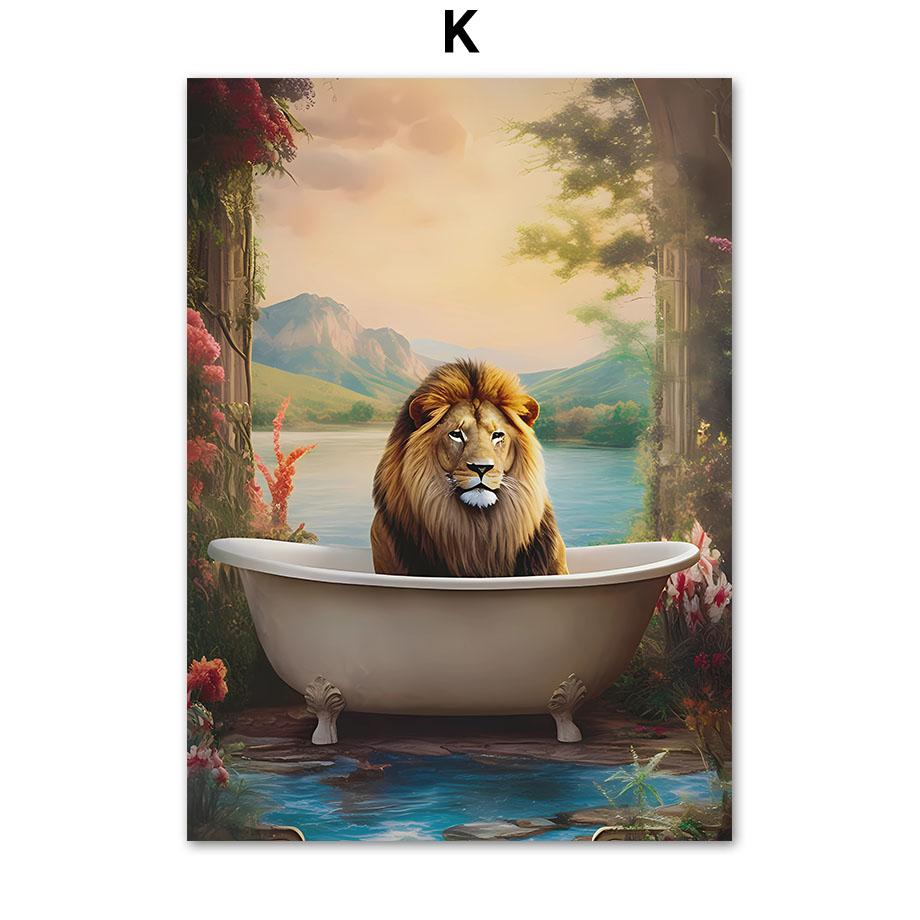 Funny Koupelna Humor Zebra Žirafa Lev Prase Pes Kočka Skot Tučňák Sova Nástěnná výzdoba domova Toaleta Plakát Umělecká reprodukce Obraz na plátně