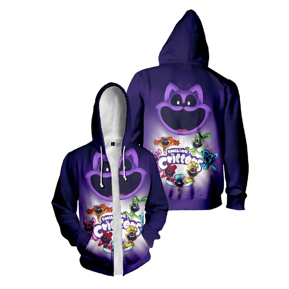 Fashion Hooded Top Women Men's Smiling Critters Print Zipper Jacket Street Sports Couple Casual Loose Hoodie