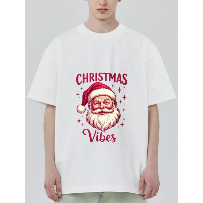 Christmas Vibes Santa Claus Print Black T-Shirt for Holiday Party and Festive Occasions