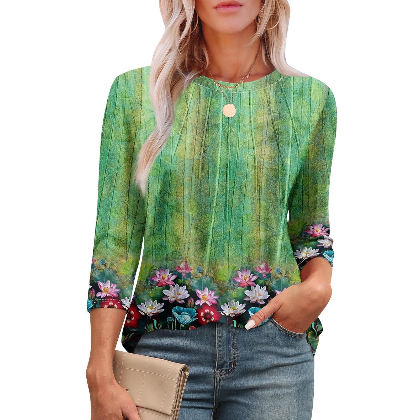 

Женская модная футболка с круглым вырезом и рукавом 3/4 с принтом, повседневная, базовая, плиссированная, пуловер M зелёный