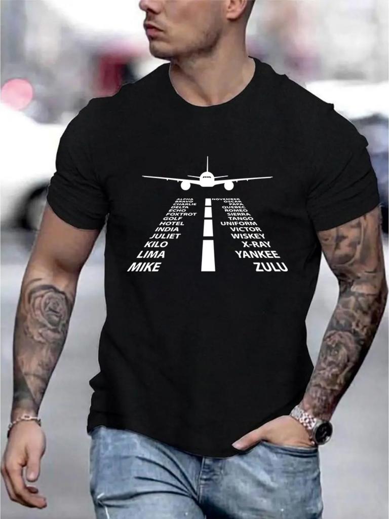 Airplane Graphic Print Men's Fashionable Summer Short Sleeve Sports Crew Neck T-shirt, Comfortable And Versatile Clothes