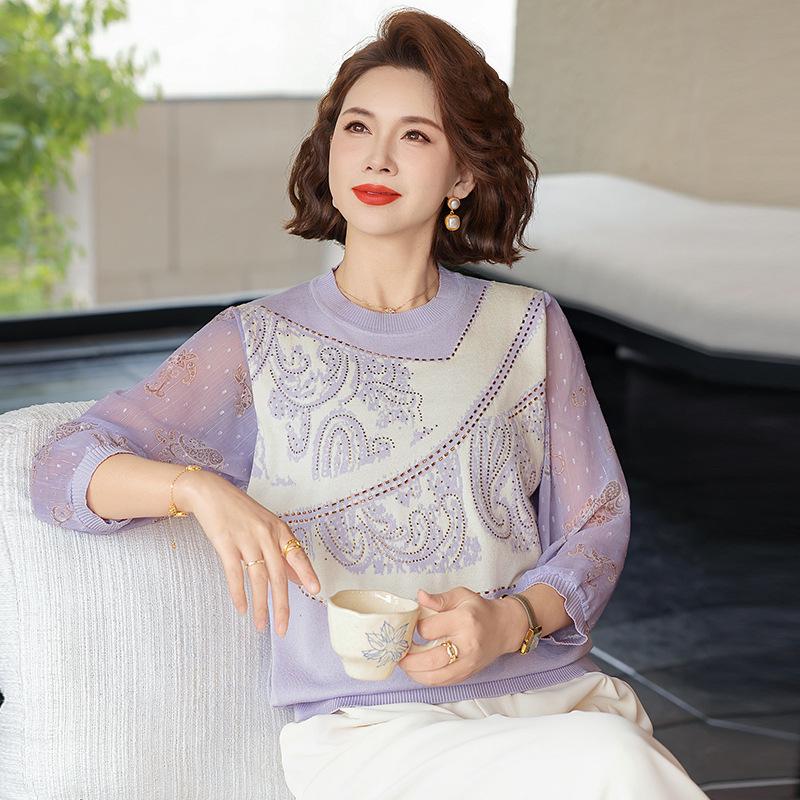 

Elegant Summer Knit Cardigan with Gauze Sleeves - 2026 Style for Middle-Aged and Elderly Women XL (100-110 jin)
