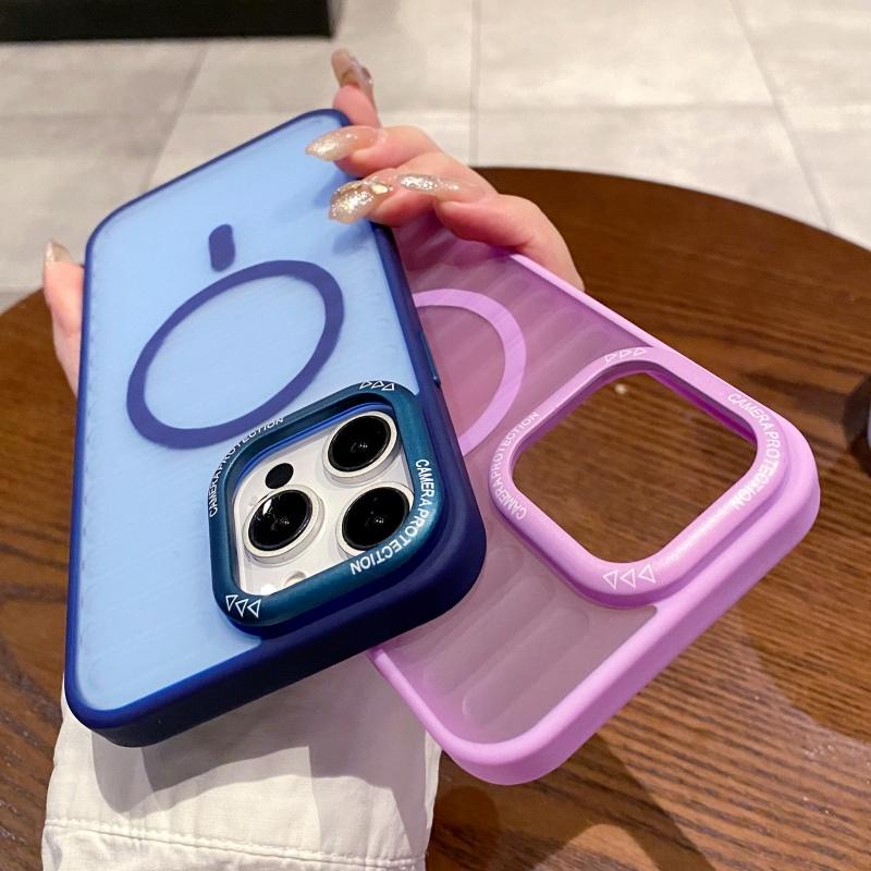 Matte Transparent With Metal Lens Ring Case For iPhone 16 15 14 Plus 13 12 11 Pro Max Stripe Magnetic Wireless Charging Cover