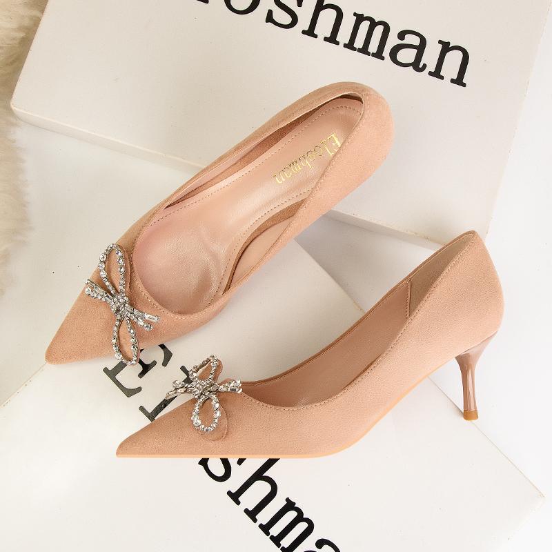 Fashion Black Suede Cloth High Heels Shoes Woman Basic Pumps 2025 Bowknot Crystal Diamond Buckle Fashion Party Sexy Women Shoes Pumps