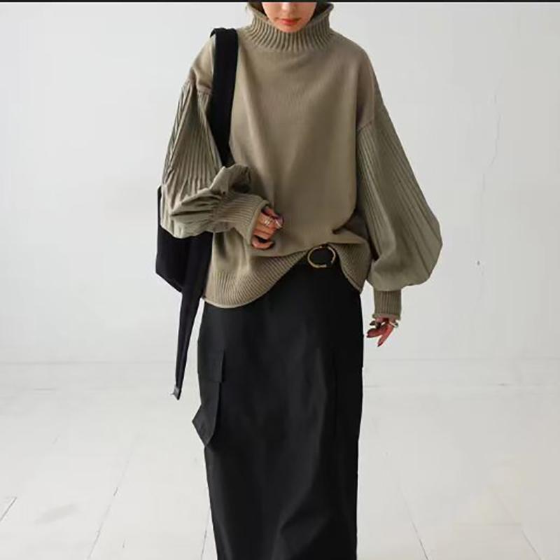 Winter Women Stylish Sweater Turtleneck Patchwork Casual Loose Pullover Lantern Sleeve Ladies' Sweater