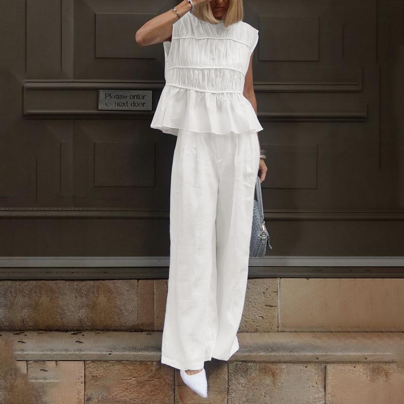 ZANZEA Women Sleeveless Blouse and Long Pants Casual Two Piece Suit Sets