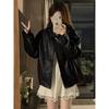 Kumikumi High Sense Retro PU Leather Zip-up Outerwear Women Autumn Loose Slimming Versatile Black Jacket Top